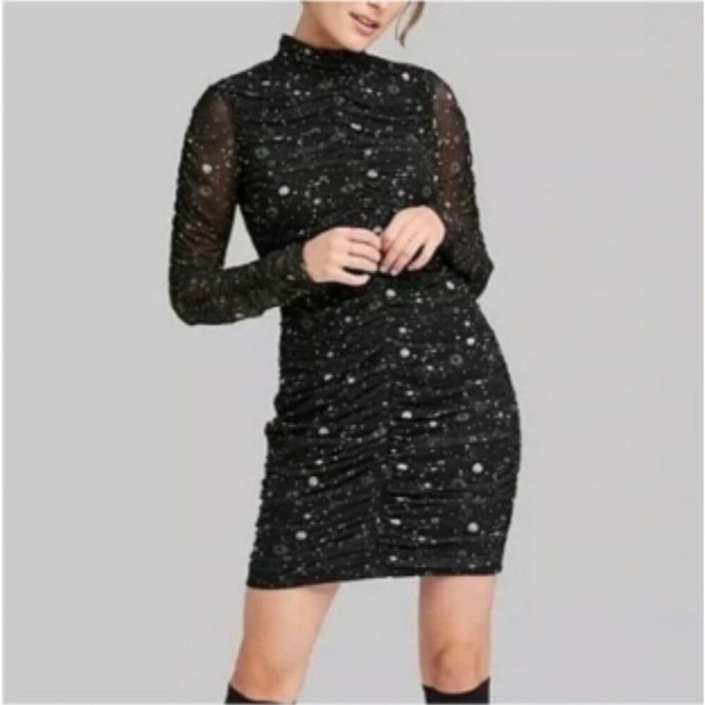 Wild Fable Black Celestial Print Ruched Mesh Bodycon Mini Dress Size XL Stretch